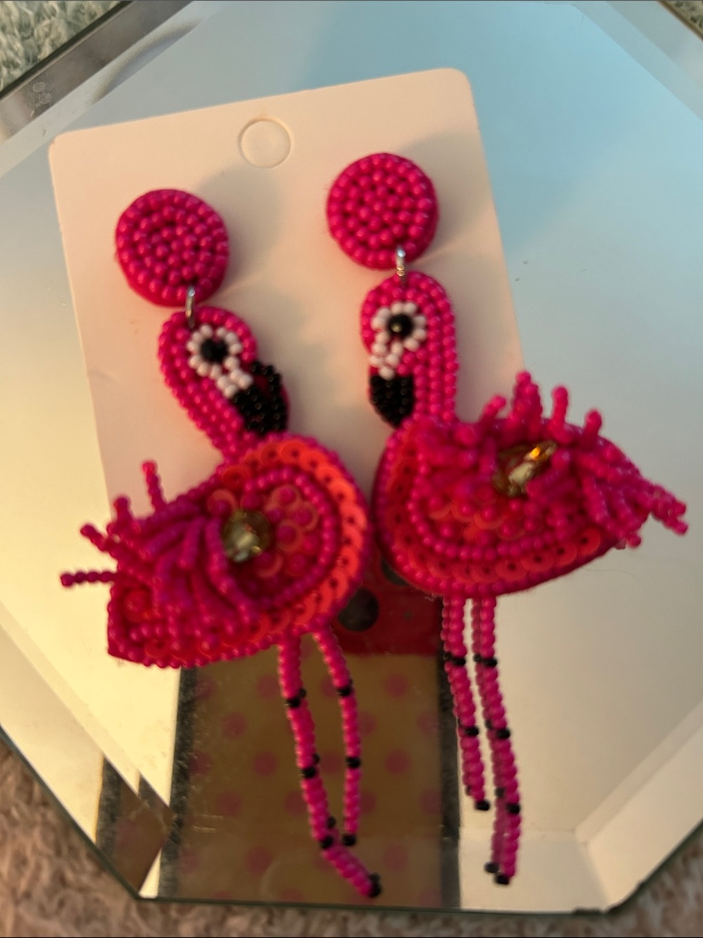 Handmade Beaded Flamingo & Colorful Parrot Statement Earrings - Pink, Multi - Picture 8 of 11